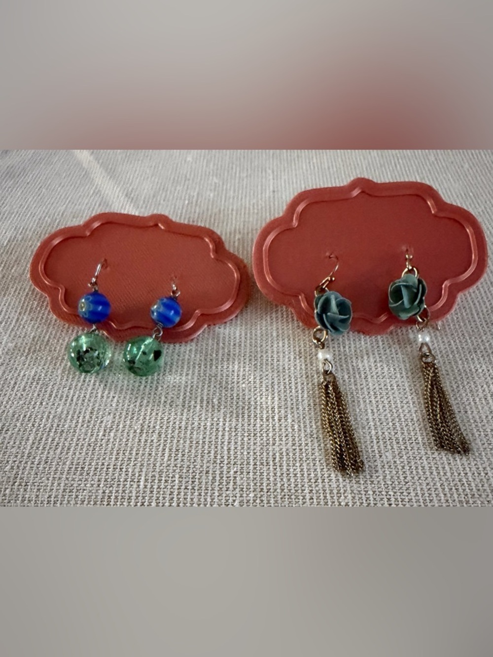 Two Pair Green and Blue Glass Bead Drop Earrings - Women Jewelry